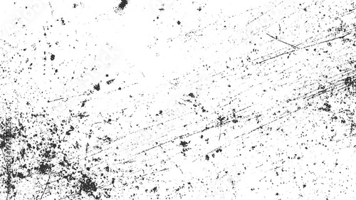 Black ink splatters and fine scratches on a white textured background abstract