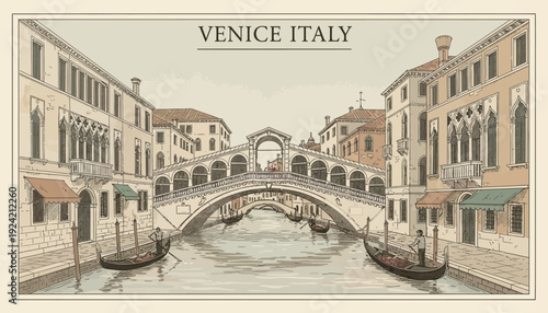 Vintage illustration of Rialto Bridge in Venice Italy.