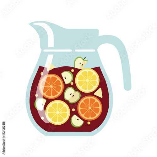 Fruit Sangria Pitcher Vector Clipart with Citrus and Apple Slices, Flat Style Illustration