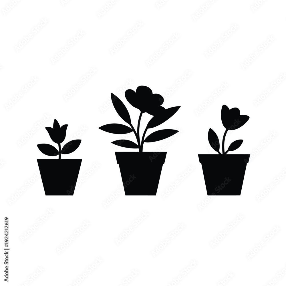 Obraz premium Simple black and white illustration of three potted flowering plants