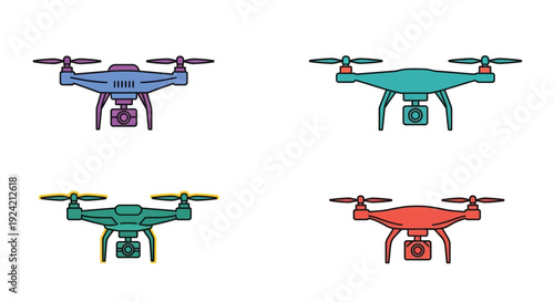 Four colorful drone icons with cameras displayed against a white background