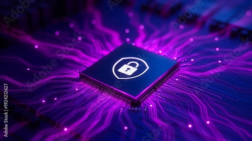 Closeup of a computer chip with a lock icon on a purple circuit board background