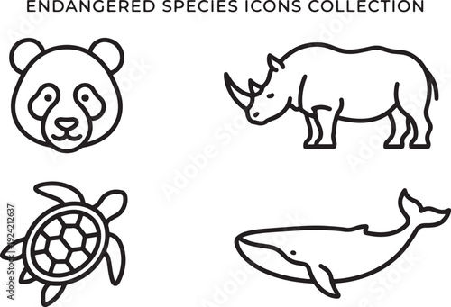 World Wildlife Day � 3 March Endangered species icons featuring panda rhino turtle and whale in black outline on white background