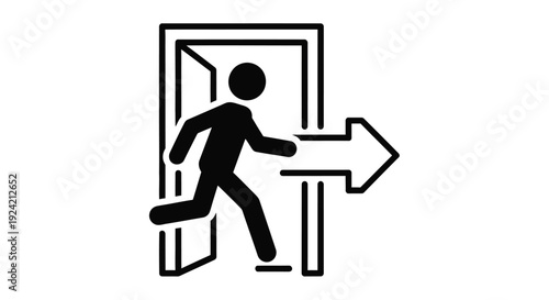Simple black and white icon depicting a person walking through an open doorway