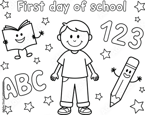 First day of school coloring page with a happy boy ABC 123 book and pencil surrounded by stars a fun educational for kids