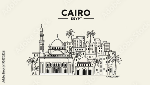 Cairo Egypt Skyline with Mosque and Palm Trees Illustration.