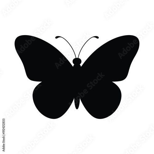 Simple black silhouette of a butterfly with outstretched wings and antennae