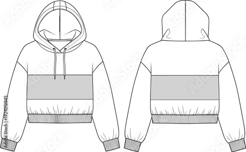 Technical flat sketch of cropped hoodie front and back view with drawstring hood, ribbed cuffs, waistband, and contrasting chest panel fashion design illustration.