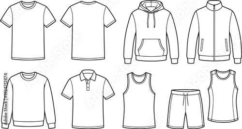 Variety of casual clothing items including t shirts hoodies sweatshirts tank tops and shorts in a simple line drawing style on a white background