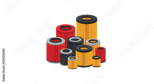 A collection of various sized cylindrical air or oil filters in yellow, red, and black colors are grouped together on a white background.