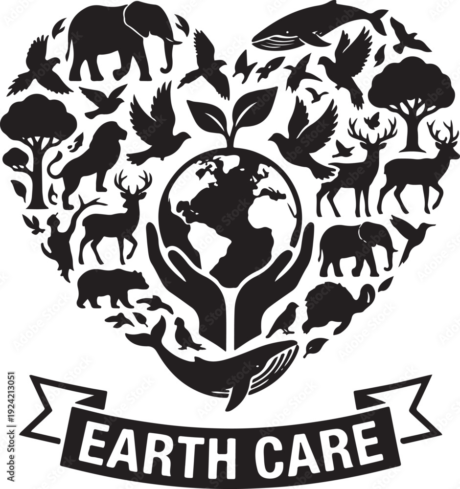 Fototapeta premium World Wildlife Day � 3 March Earth care concept hand holding globe surrounded by animals and nature in heart shape