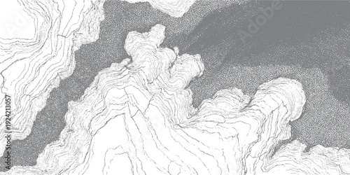 Detailed topographic contour lines depicting mountainous terrain and water bodies in grayscale topography