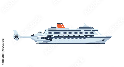 A white and grey helicopter with black rotors sits in front of a large multi-deck cruise ship with orange funnels on a white background.
