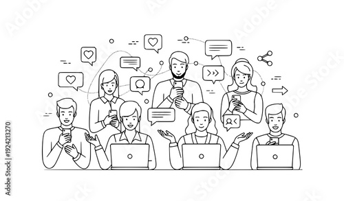People Networking and Social Media Communication Flat Line Illustration