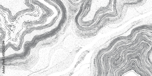 Abstract grayscale topographic contour lines and stippled texture pattern