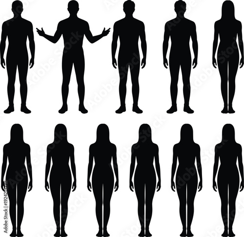 Male and female body silhouettes set in front view, black vector illustration isolated on white background for anatomy, fitness and medical design