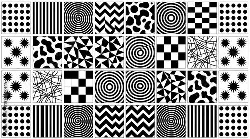 Collection of various black and white abstract geometric patterns.