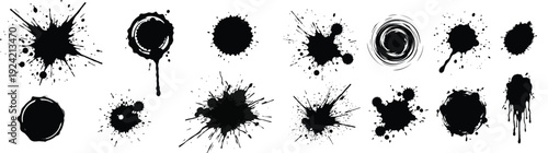 Ink splatter icon set, diverse paint splash collection, black silhouette style, blots, drips, bursts, rings, and swirls.