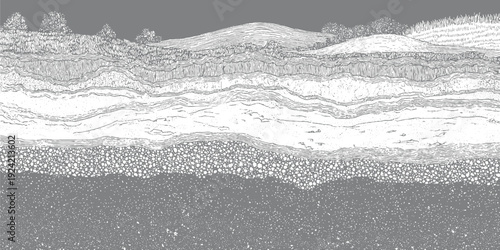 Detailed cross section of geological strata showing layers of rock and sediment with varied textures and patterns in grayscale