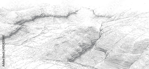 Topographic contour map showing steep mountain slopes and valleys with dense line work elevation terrain