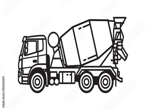 A black and white line drawing of a cement mixer truck