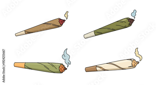 Four cartoon illustrations of rolled joints with burning embers and smoke