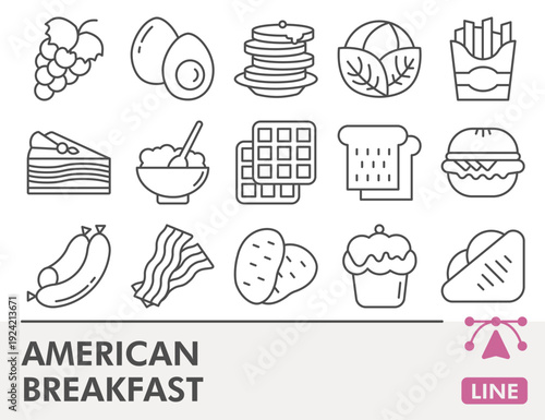 American breakfast symbols collection or sketches, food theme in outline style signs for web and app. Vector graphics, editable stroke icons isolated on white background.