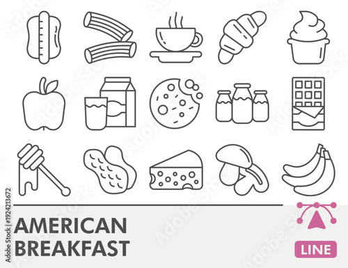 American breakfast symbols collection or sketches, food theme in outline style signs for web and app. Vector graphics, editable stroke icons isolated on white background.