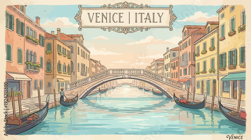 Vibrant illustration of Venice Italy with gondolas and traditional architecture.