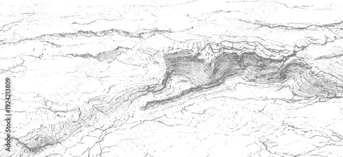 Detailed topographic map contour lines showing geological strata and mountain ridges in grayscale abstract