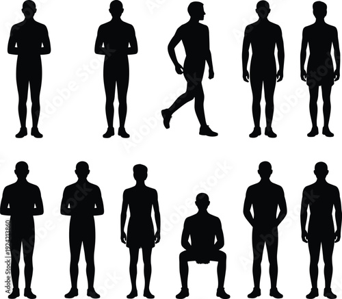 Male body silhouettes set in standing, walking and sitting poses, black vector illustration isolated on white background for anatomy and fitness design