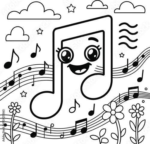 Musical note character with a happy face on a staff with musical notes and flowers, celebrating music and creativity
