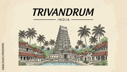Ancient Temple Complex in Trivandrum India with Palm Trees and Water Feature.