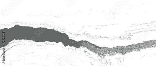 Abstract grayscale geological strata with dark gray river or canyon and white textured background layers