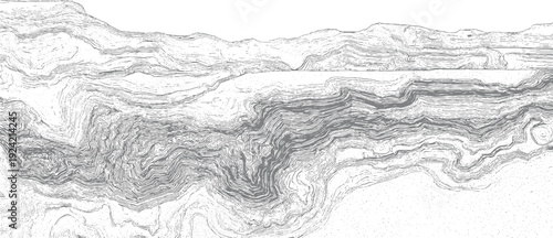 Detailed grey contour lines depicting geological strata formations and mountainous terrain white
