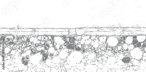 Abstract gray and white cellular structure with cracked horizontal line and scattered dots