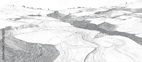 Stylized monochrome of rolling hills and cultivated fields with a sense of depth and texture landscape