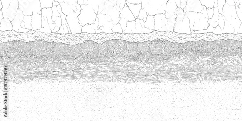 Detailed cross section of cracked earth layers and wavy sediment strata