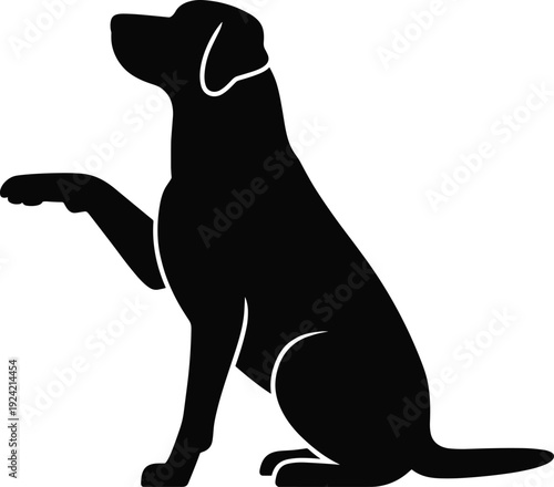 Dog silhouette sitting and raising paw, black vector illustration isolated on white background for pet, training and animal design