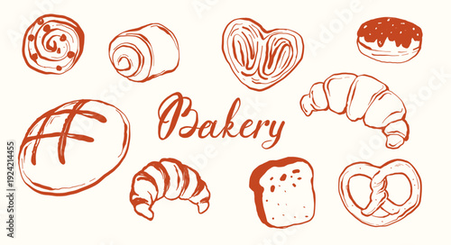 Hand-drawn bakery illustration featuring various baked goods including croissants and rolls