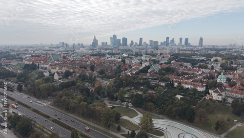 Aerial view of the Warsaw Old Town district with the modern business center skyline in the background
