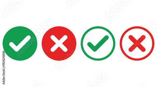 Validation status icons set in circular format, green checkmarks, red crosses, success, failure, and approval symbols