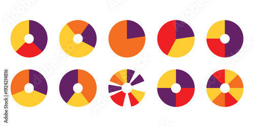 Pie charts diagrams, different colour circles isolated, vector illustrations of info, graphic elements, round shapes, data, statistical graphs, business reports, and professional digital 