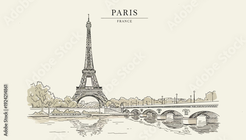 Vintage Eiffel Tower illustration with bridge and cityscape in Paris France.