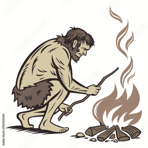 Caveman starting fire with sticks ancient primitive