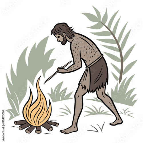 Prehistoric human starting fire with stick and logs in jungle