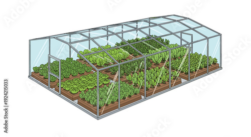 A glass greenhouse with a metal frame contains wooden garden beds filled with rows of green leafy vegetables.
