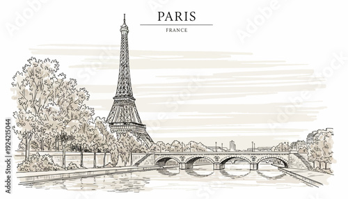 Vintage sketch of the Eiffel Tower and bridge in Paris France.