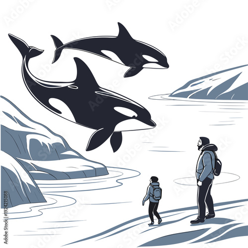 Man and child watching orcas swim in arctic waters