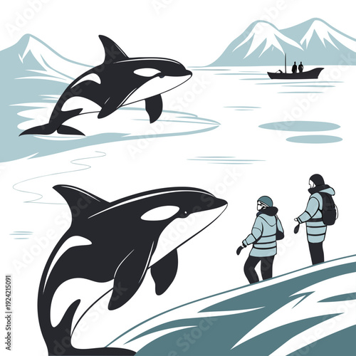 Orcas and people in arctic landscape with snowy mountains